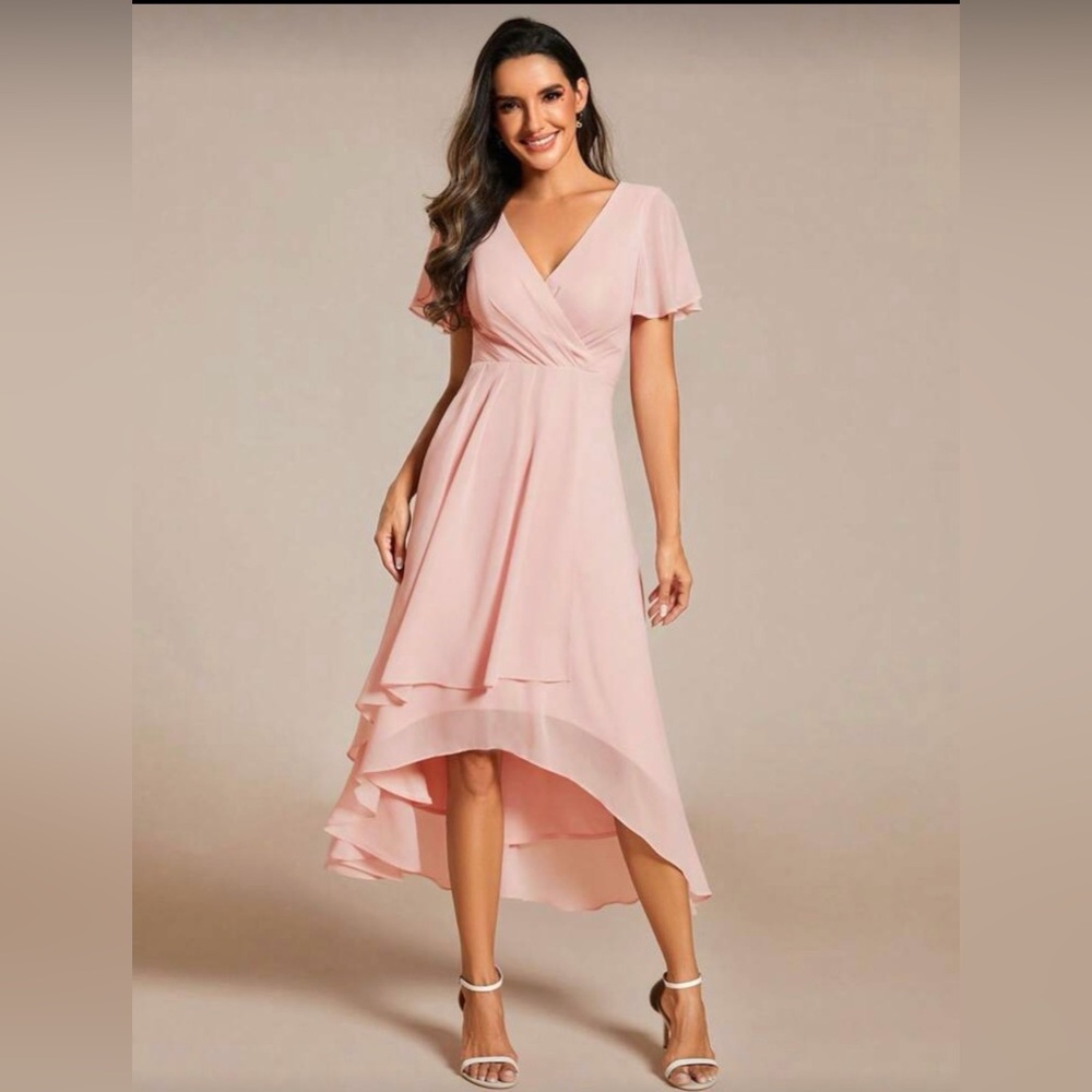 SHEIN Light Pink V-Neck High-Low Midi Dress
